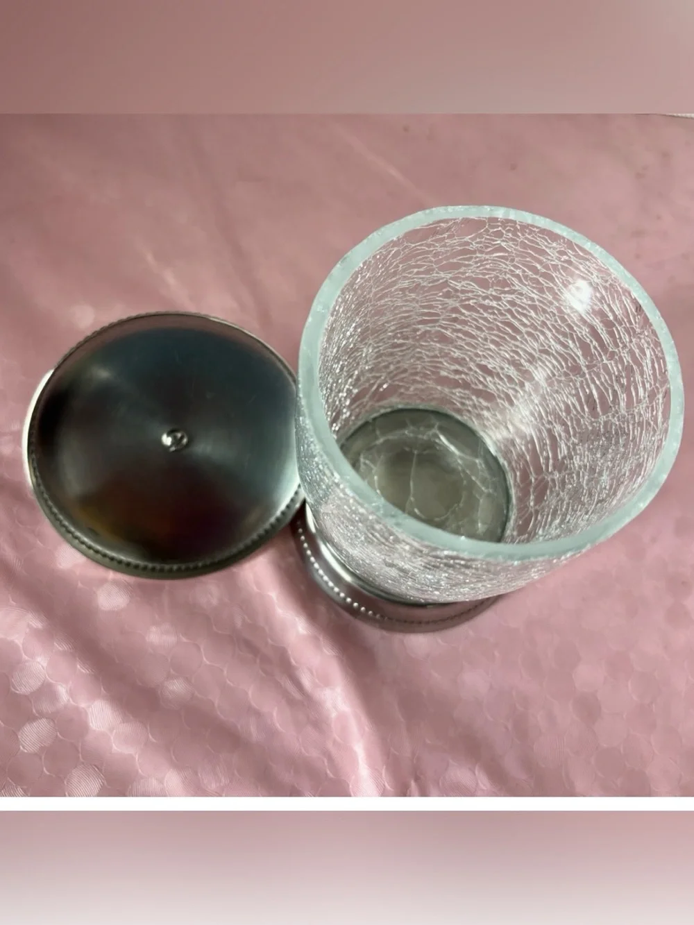 Crackle Glass Vanity Jar with Silver Lid and Base Hand crafted in India